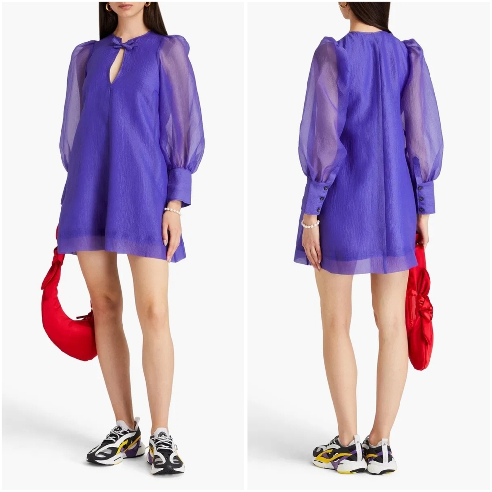 Ganni Organza A-Shaped Mini Dress Puff Sleeve Purple 40/Large